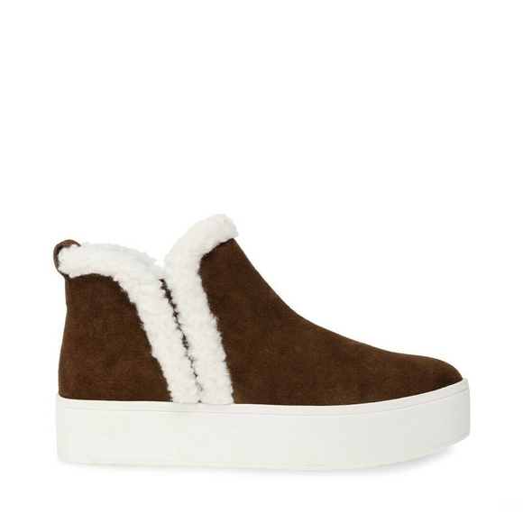 Steve Madden Fern Bootie Brown Suede Leather White Fur Ankle Fashion Winter Boot - Picture 4 of 7